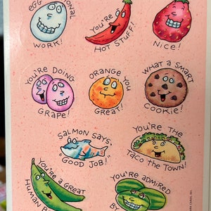 Vintage Food Puns Sticker Sheet. Hallmark. Jokes Funny Veggies Fruit.
