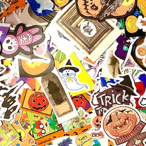 May include: A collection of Halloween themed stickers featuring ghosts, pumpkins, bats, witches, and other spooky characters. The stickers are colorful and have a variety of designs.