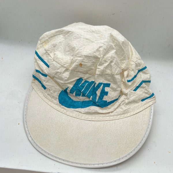 Vintage 1980s Nike Hat, Painter's Hat Paper-like Material. Rare, With flaws (see description), White Blue Turquoise