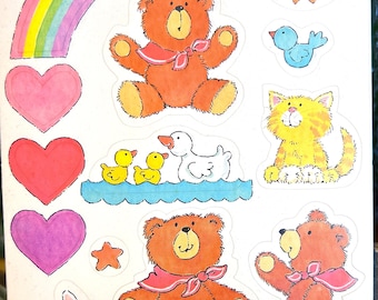 Vintage 1986 Rainbow Bear Sun Rabbit Heart Sticker Sheet