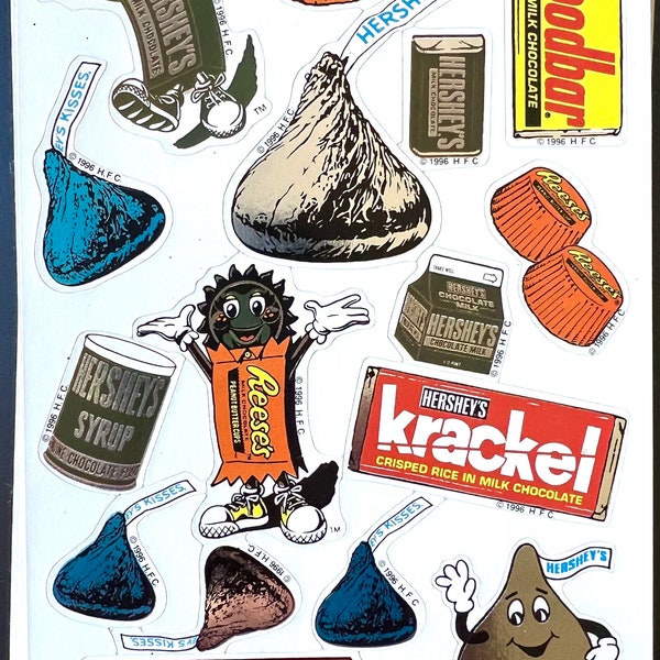 Vintage 1996 Hershey’s Candy Sticker Sheet, Reese’s, Krackel, Kisses, Mr. Goodbar