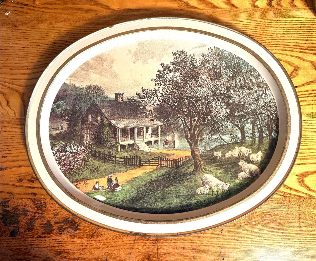 Vintage 1970s Currier & Ives American Homestead Spring Oval Metal Tray ...