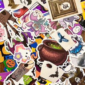 May include: A collection of Halloween themed stickers featuring various spooky characters, including bats, witches, ghosts, pumpkins, and a cauldron. The stickers are printed on white paper and have a glossy finish.