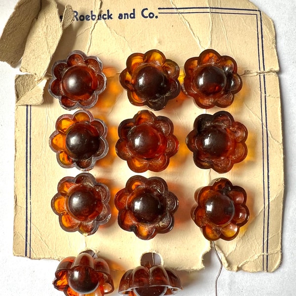 Vintage 1960s Sears Roebuck Brown Lucite Flower Buttons, Carded