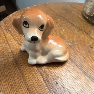 Vintage Small Glazed Brown Dog Figure Spaniel Ceramic Puppy Figurine. 60s