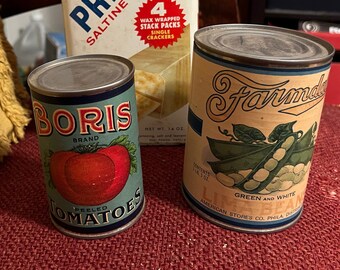 Vintage 1930s 40s Boris Tomatoes or Farmdale Lima Beans Cans. Your Choice