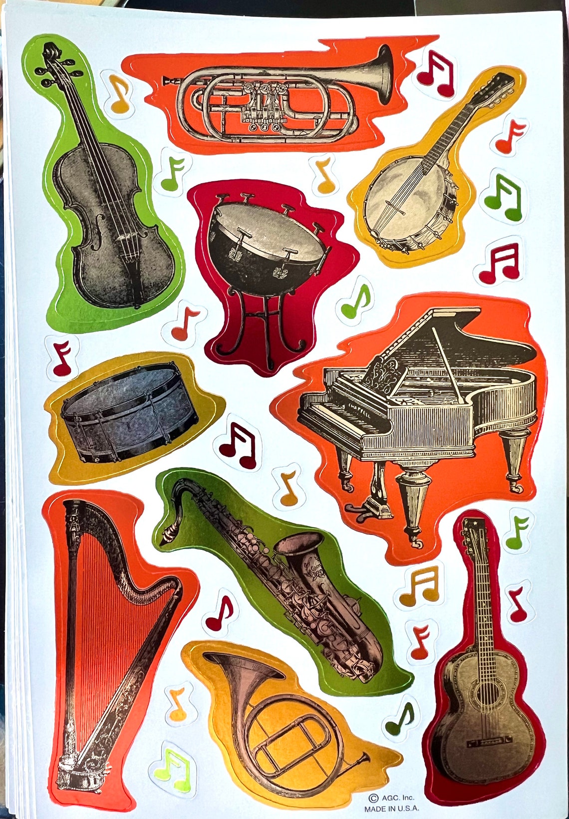 Vintage 1990s Musical Instruments Foil Glitter Sticker Sheet, AGC ...