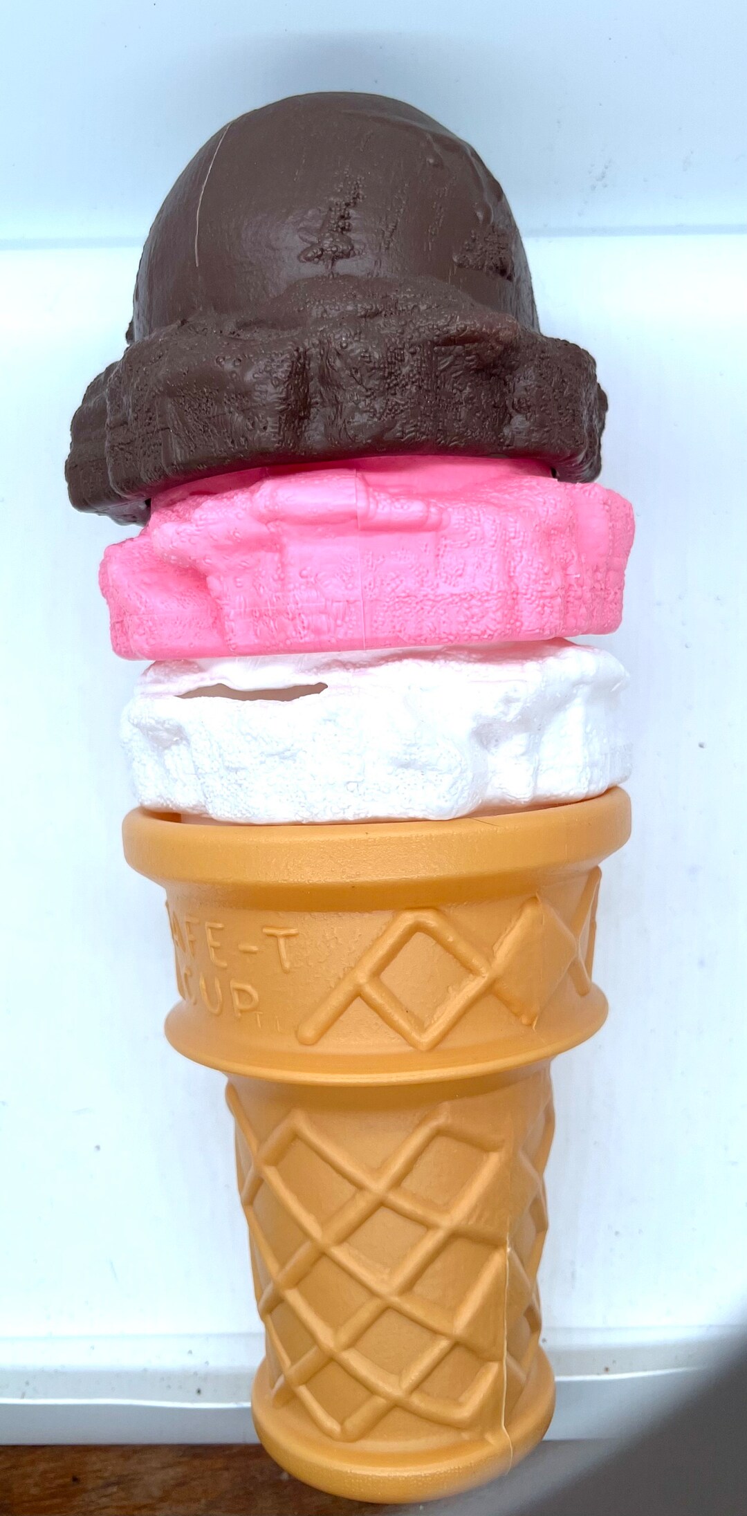 Vintage Neapolitan Ice Cream Cone Plastic Safetcone Piggy Bank. RARE