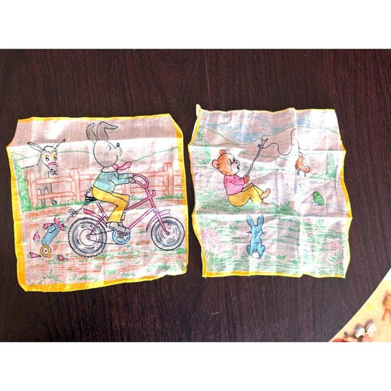 TWO Vintage 1970s Children's Handkerchief Hankies, Bunny, Bike, Fishing, Bear