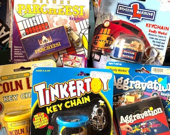 Vintage 1990s Mini Games Toys Keychain: Lionel Train, Tinker Toys