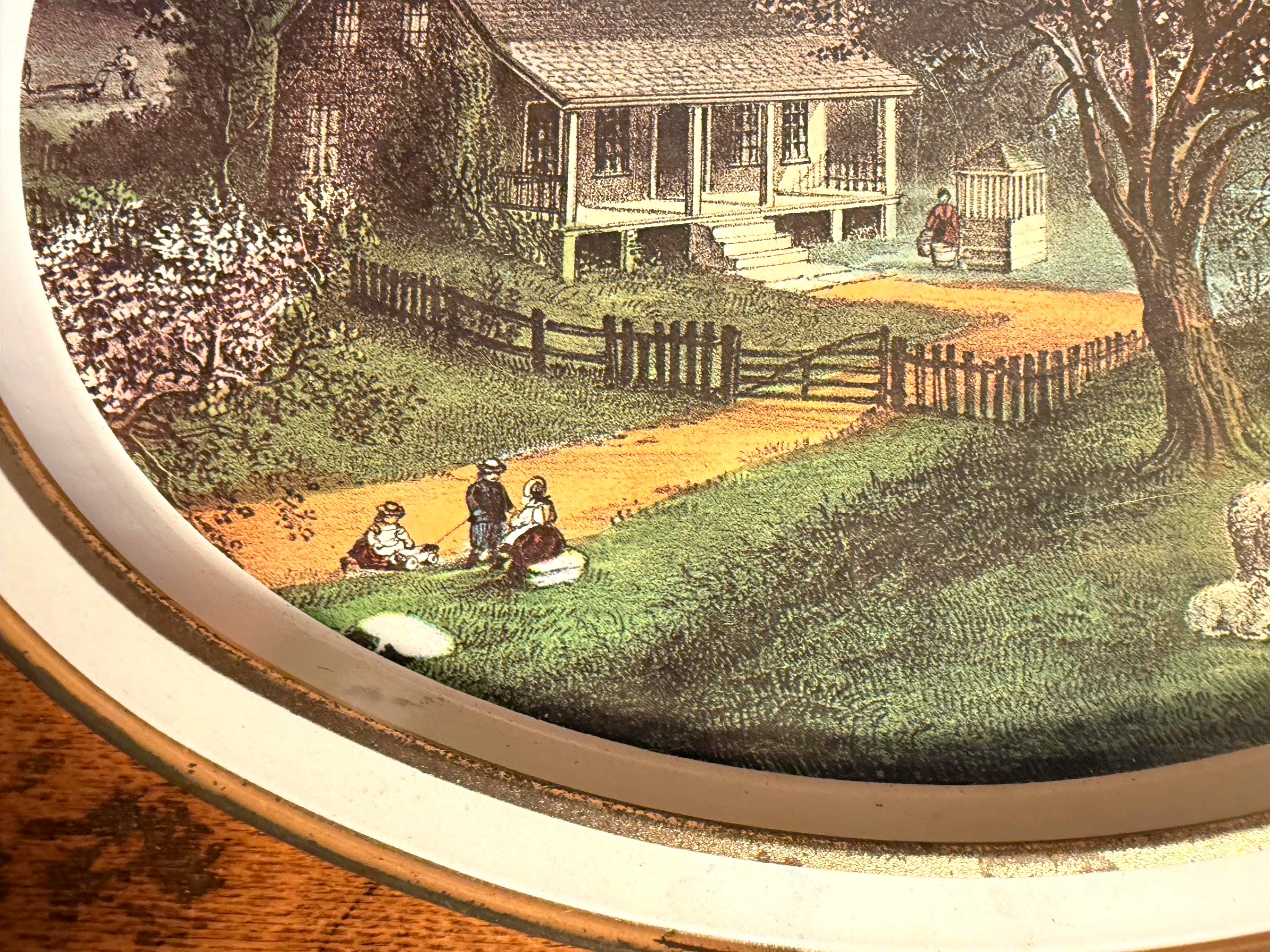 Vintage 1970s Currier & Ives American Homestead Spring Oval Metal Tray ...
