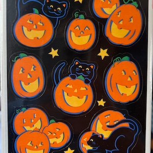 Vintage Halloween Sticker Sheet.  Pumpkins Balck Cats Retro. Hallmark