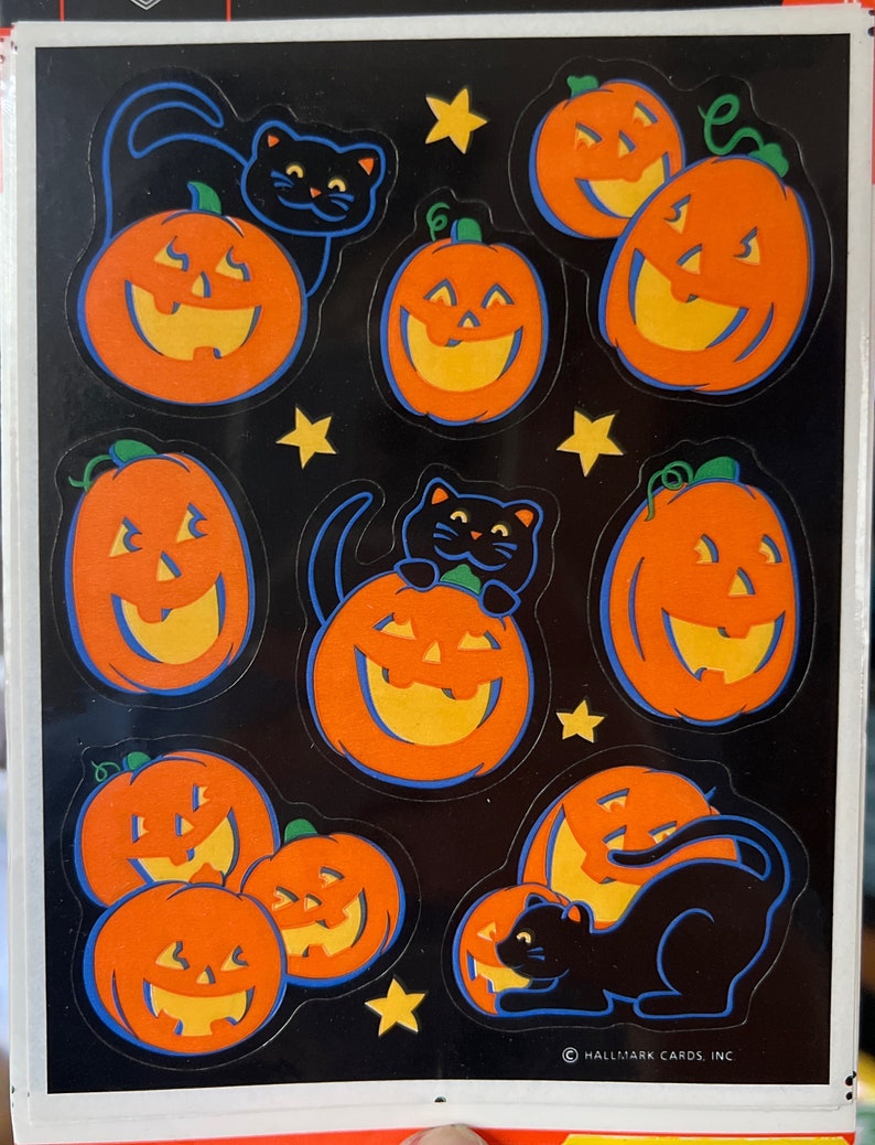 Vintage Halloween Sticker Sheet. Pumpkins Balck Cats Retro. Hallmark image 1