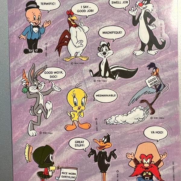 Vintage 80s Looney Tunes Sticker Sheet, Bugs Bunny, Pepe Le Pew, Elmer Fudd, Hallmark