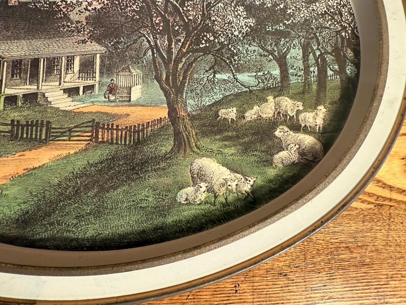 Vintage 1970s Currier & Ives American Homestead Spring Oval Metal Tray ...