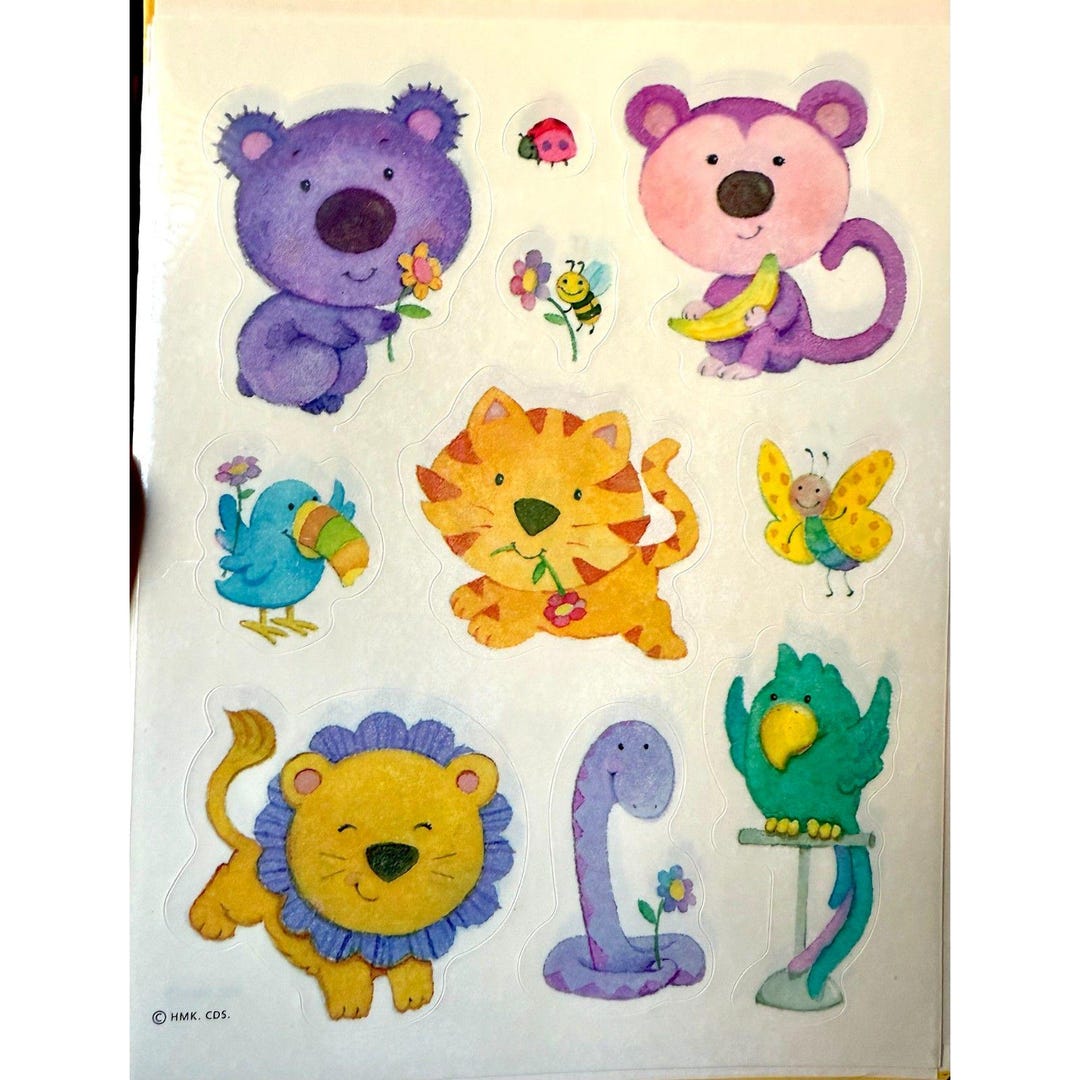 Vintage 1990s Cute Animals Sticker Sheet, Hallmark, Monkey, Lion, Tiger
