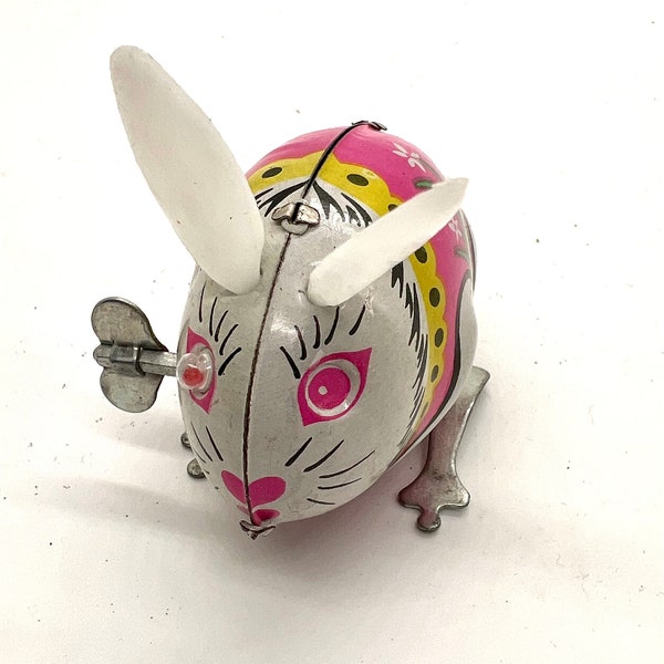 Vintage Wind Up Tin Jumping Rabbit Toy. Lithograph. Clockwork. Hong Kong