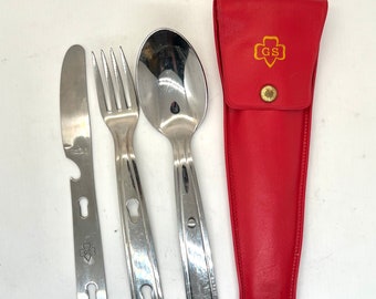 Vintage 1960s Official Girl Scouts Utensil Kit, Portable in Red Case