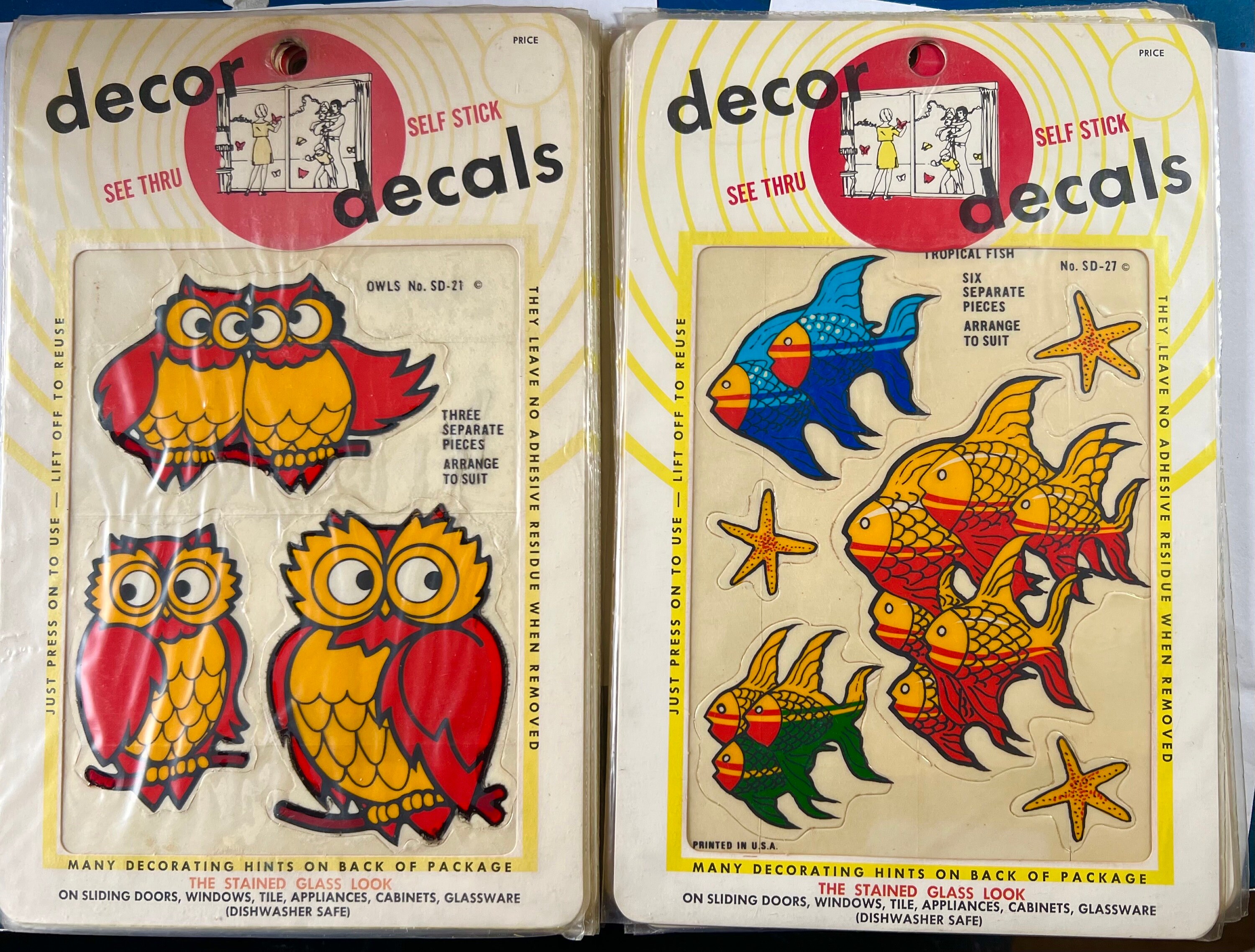 Vintage 1973 Owl or Fish Decor Decals, Reusable Clings, Windows, Walls, Cabinets etc. Your Choice