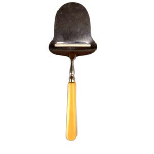 May include: A cheese slicer with a stainless steel blade and a yellow handle. The blade is rectangular with a curved top. The handle is a light yellow color. The cheese slicer is designed for cutting cheese.