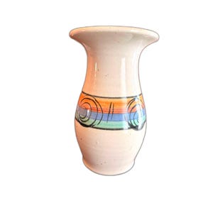 Vintage 1990s Southwest Ceramic Pottery Vase with Painted Rainbow Band, Handmade