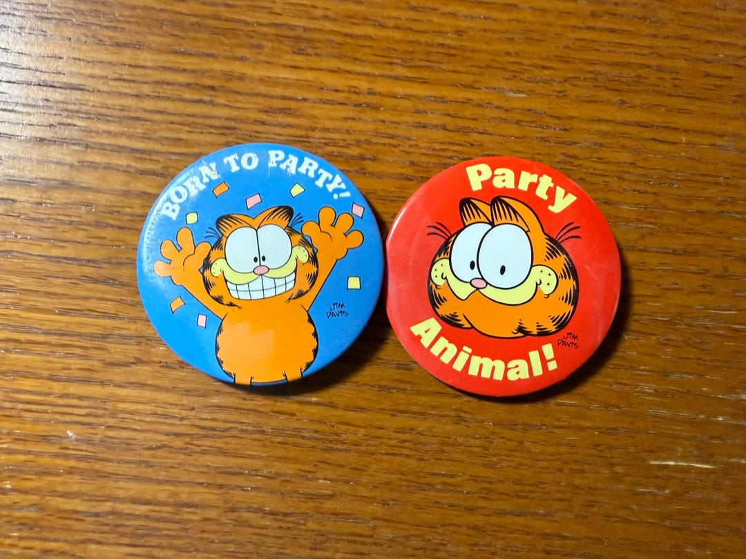 PAIR Vintage 1980s Garfield Pinback Buttons Pins, Party Animal Born to ...