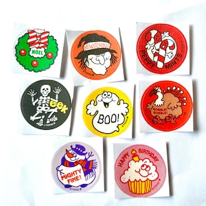 8 Retro Holiday Scratch and Sniff Stickers.   Holiday and Birthday Stickers. Retro-Style by Trend. Eight Stickers