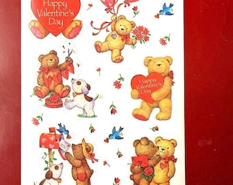 Feuille d'autocollants vintage des années 1990 avec un ours en peluche pour la Saint-Valentin, poinçon