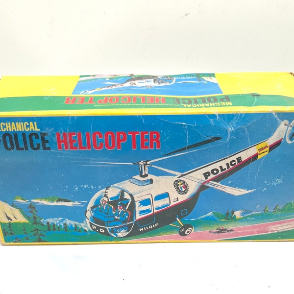 Vintage 50s/60s Tin Litho Wind-Up Police Helicopter, Mechanical, Made in Korea