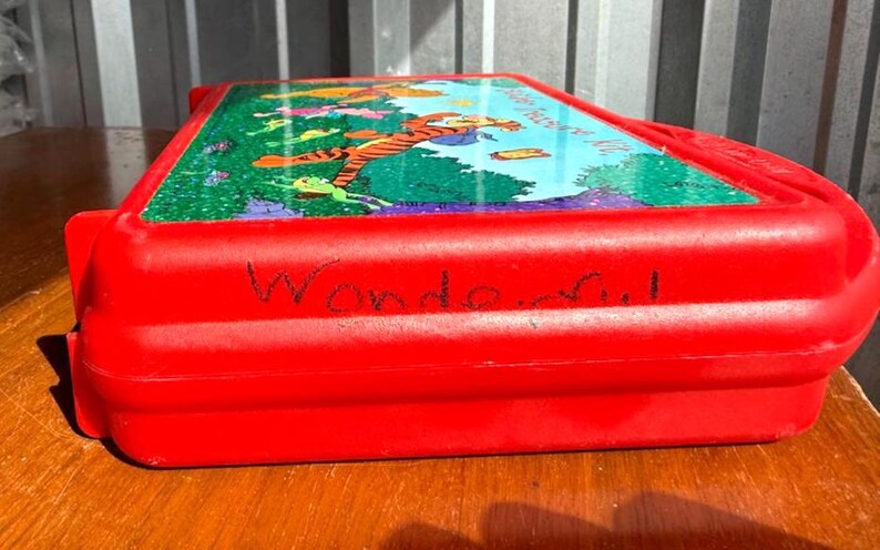 May include: A red plastic lunchbox featuring a colorful illustration of Tigger from Winnie the Pooh. The lunchbox has the word "Wonderful" written on the side. The top of the lunchbox has a handle.
