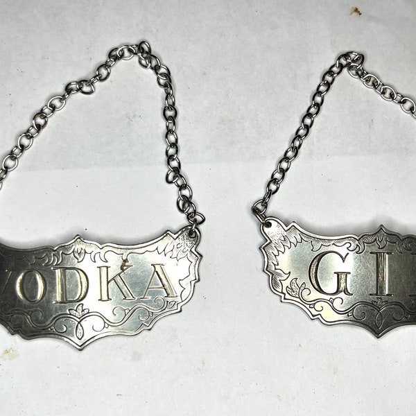Vintage Stieff Pewter Liquor Decanter bottle Hanging Labels Tags, Your Choice: Gin or Vodka