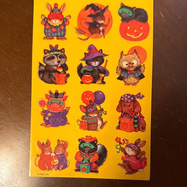 Vintage 1980s Halloween Animals in Costumes Sticker Sheet, Bunny, Cat, Mouse, pig etc.  Hallmark