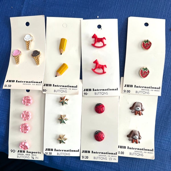 Vintage 1980s Object Buttons: Ice Cream Cones, Pencils, RockingHorse, Strawberries, Flowers, Stars, Ladybugs, Dogs, JHB International; Pick!