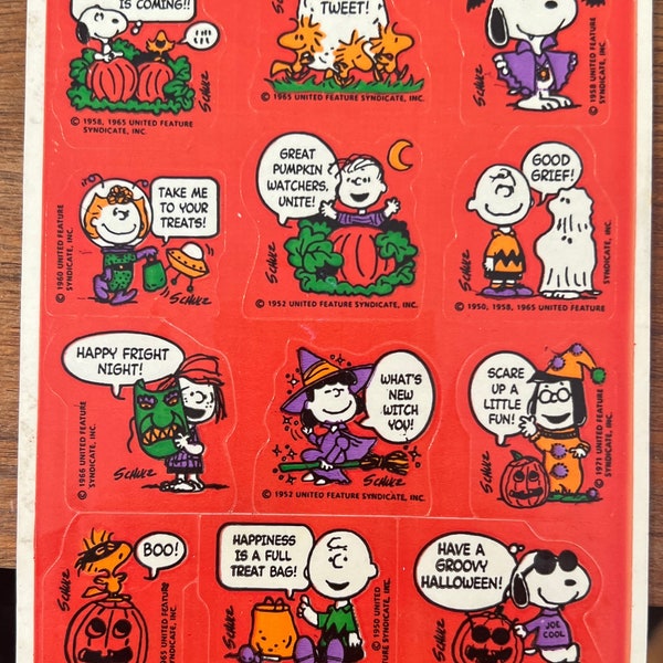 Vintage Peanuts Halloween Sticker Sheet. 1980s. Hallmark. Great Pumpkin