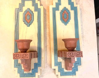 PAIR Vintage 1980s Southwest Style Wall Candleholder Sconces, Plastic, by Burwood