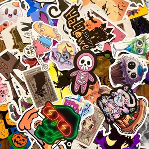 May include: A collection of Halloween themed stickers featuring various spooky characters, including ghosts, skeletons, bats, and pumpkins. The stickers are colorful and feature a variety of designs, including cartoon characters, illustrations, and text. The stickers are perfect for decorating notebooks, laptops, water bottles, and other items.