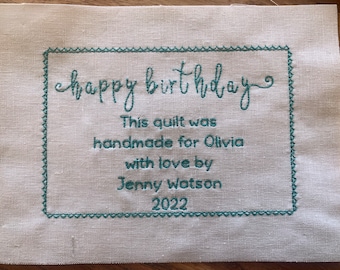 Birthday Quilt Label, Personalised, Handmade, Patchwork, Patchwork, Customised