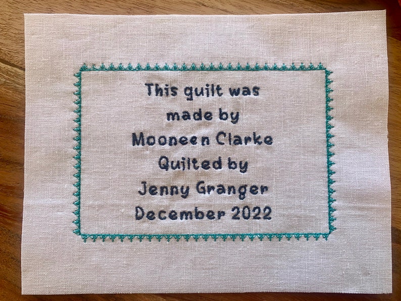 Simple Custom Embroidered Quilt Label With Border, Personalised