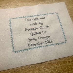 Simple Custom Embroidered Quilt Label with border, Personalised, Handmade, Patchwork