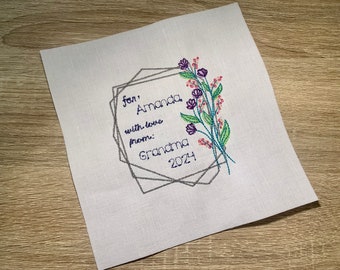 Floral Border Quilt Label, personalisiert, handgemacht, Patchwork, mit Liebe gemacht, To From Label