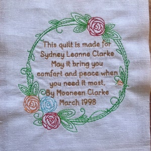 Custom Quilt Label, Floral wreath, Handmade, Patchwork, Machine Embroidered