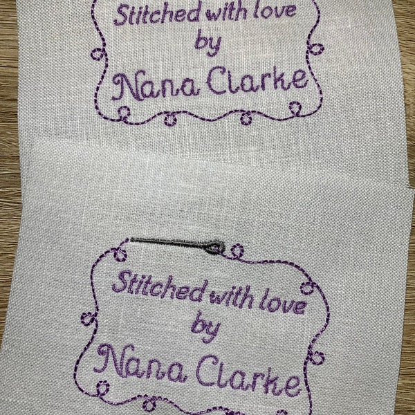 Stitched with love, 2 identical mini labels, Personalised, Handmade, Patchwork, Made with love by Nana, Made by Grandma
