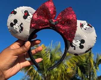 Mickey Minnie Mouse Ears | Grey White Character Print, Red Sequin Bow Headband