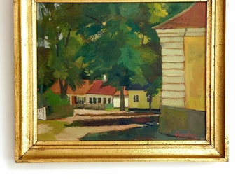 Vintage oil painting of colourful Swedish houses