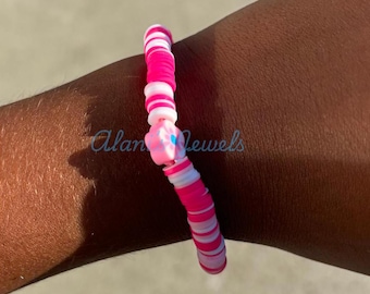 Pink and White Flower Clay bead Bracelet