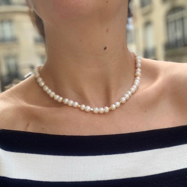 Collier de perles de Lady Diana,Collier de véritables perles blanches à une rangée et métal plaqué or pour femmes et pour hommes