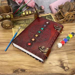 Large Brown seven stone Leather Journal | leather grimoire book | Handmade Leather Journal | Handmade Leather Writing notebook gift Item