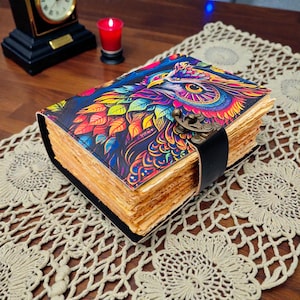 Owl Leather Journal: 400 Page Grimoire Book with Vintage Paper