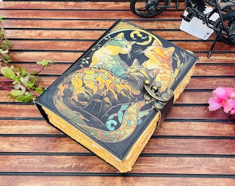 Cat Printed Leather Journal Large 400 pages book of shadows Grimoire Gift for Him Gift for HER Vintage Blank Spells Sketchbook for Artist