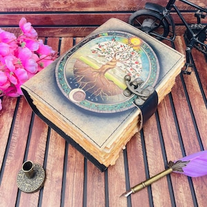 Baum des Lebens Leder Journal Handgefertigtes Notizbuch 400 Seite Großes Grimoire Leeres Zauberbuch der Schatten Druck Himmlische Geschenke Für Künstler Ihn Sie